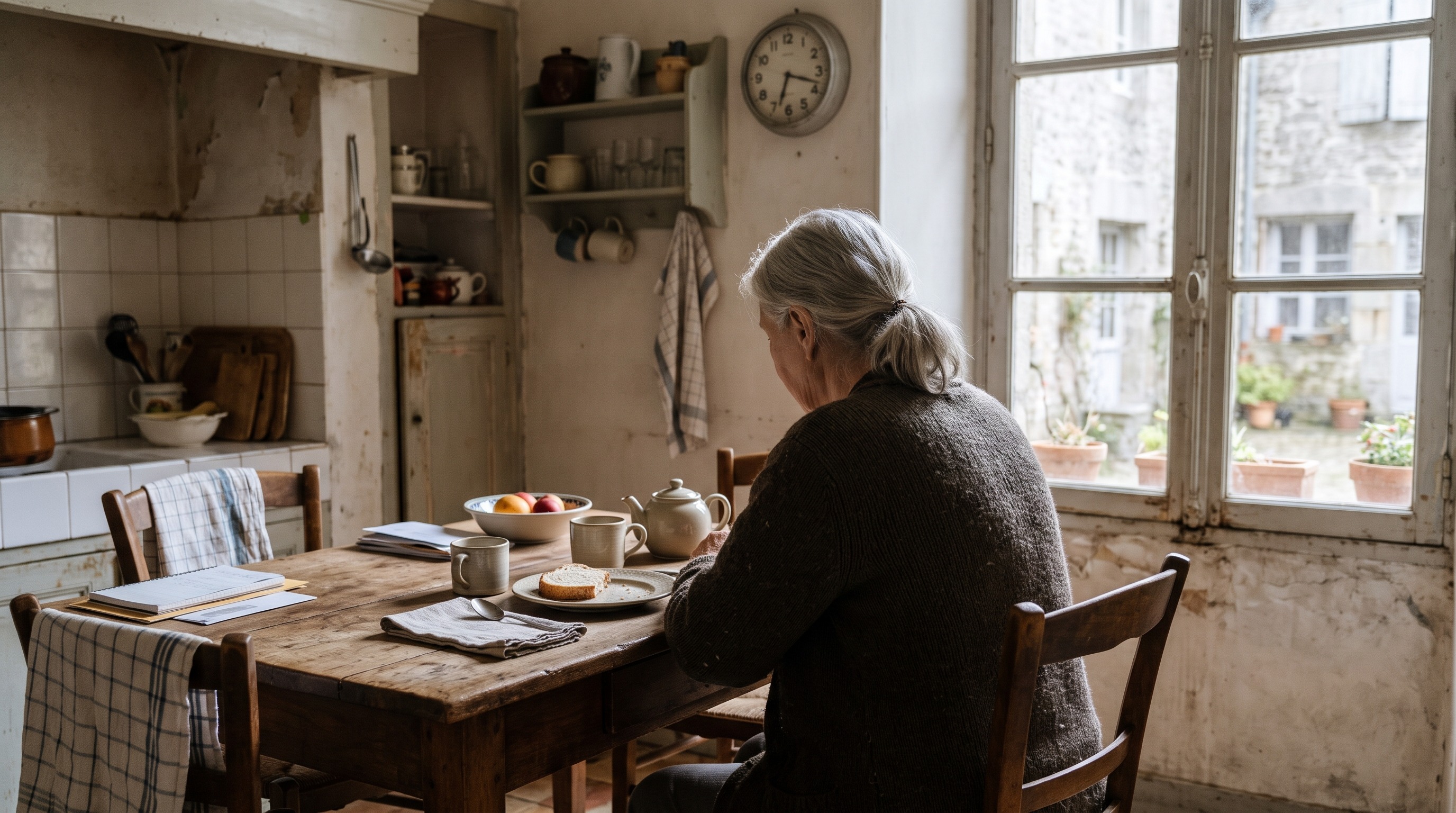 Jeanne assise seule à la table de cuisine