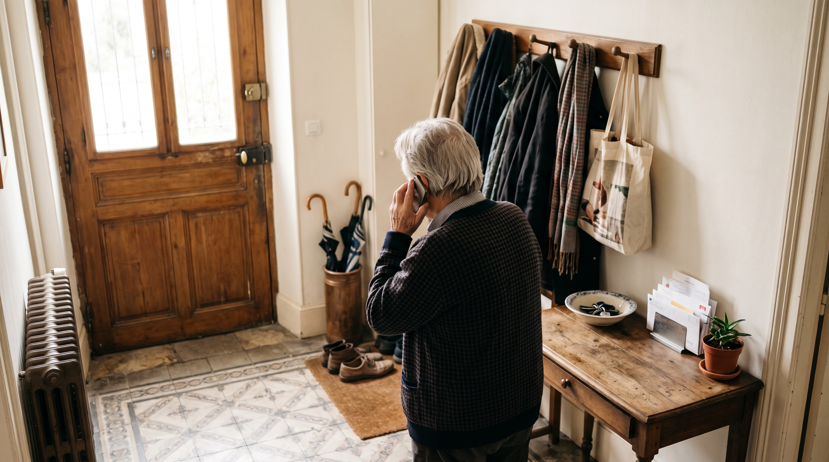 Personne âgée au téléphone inquiète dans l'entrée