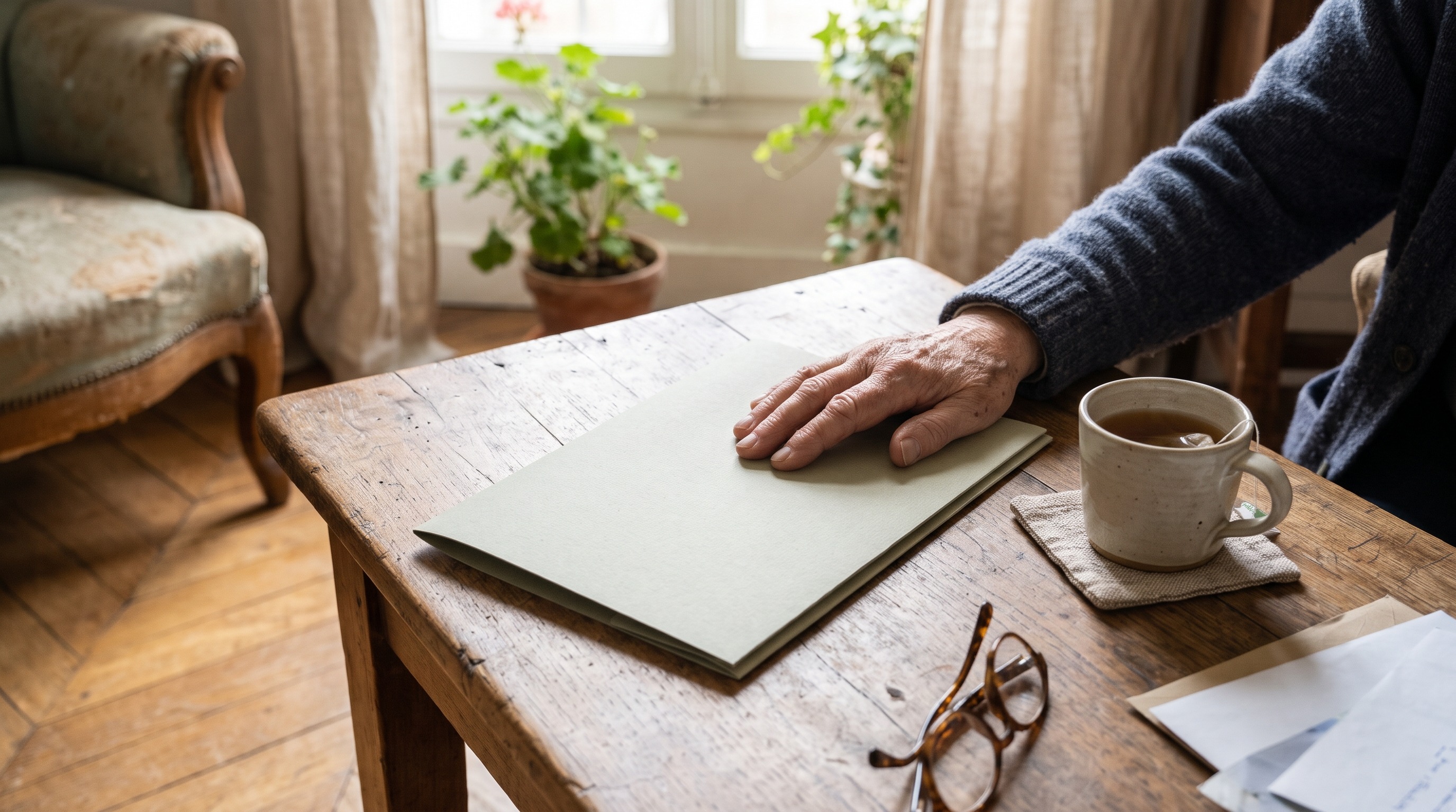 Dossier fermé sur une table basse avec tasse de thé